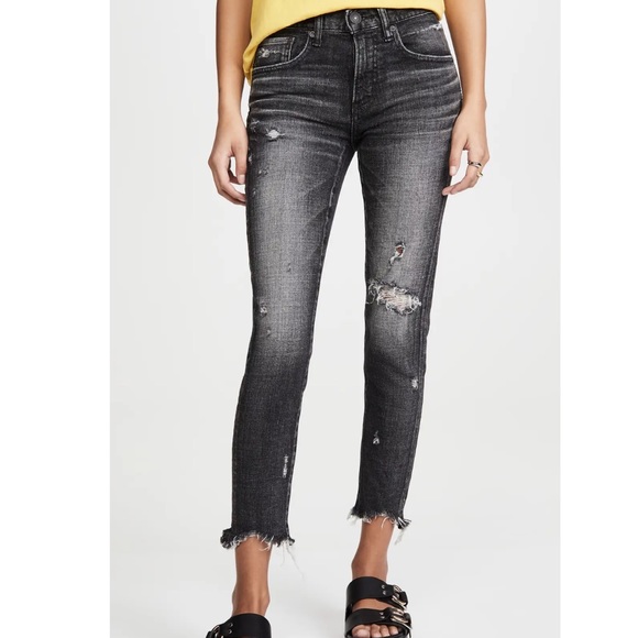Moussy Vintage Black Glendale Mid Rise Distressed Frayed Hem Cropped Jeans - Picture 2 of 10